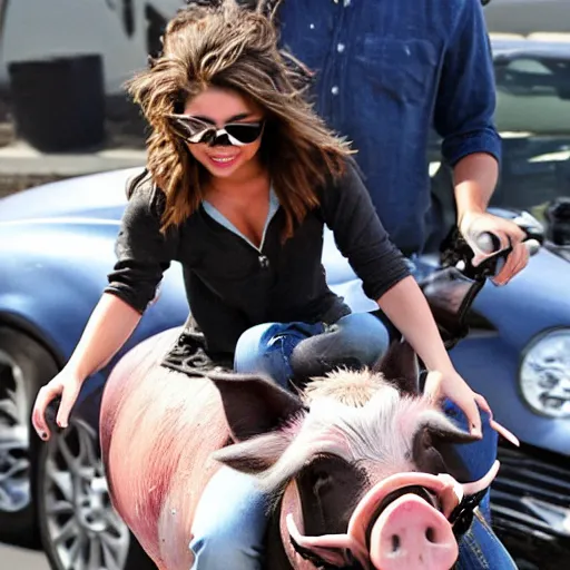 Image similar to sarah hyland riding on the back of a pig in traffic