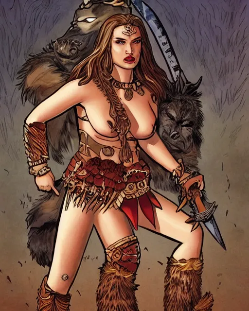 Image similar to graphic novel cover art, natalie portman as a barbarian queen wearing a bikini made from animal furs charging towards her enemy with a look of bloodlust, highly detailed, masterpiece, realistic shadows, focus on facial details, bold lineart
