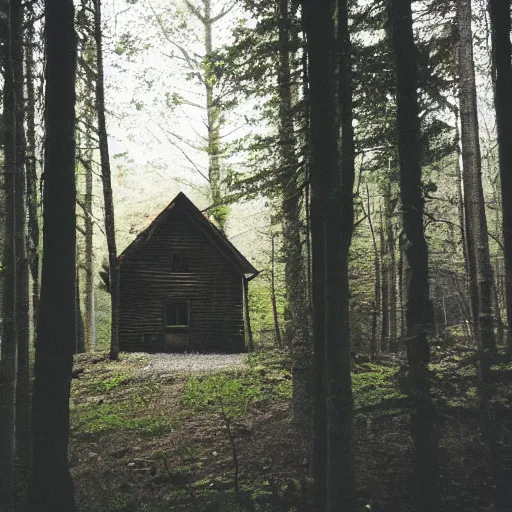 Prompt: a blurry photo of a Eerie cabin in the middle of the woods in the style of a over exposed camera