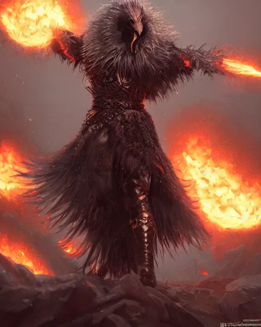 Image similar to oil painting of Angry Anthropomorphized Swan Berserker, wearing fur armor, claws, sharp focus, attack pose, fantasy style, octane render, volumetric lighting, 8k high definition, by greg rutkowski, highly detailed, trending on art Station, magic the gathering artwork, burning Battlefield background, centered