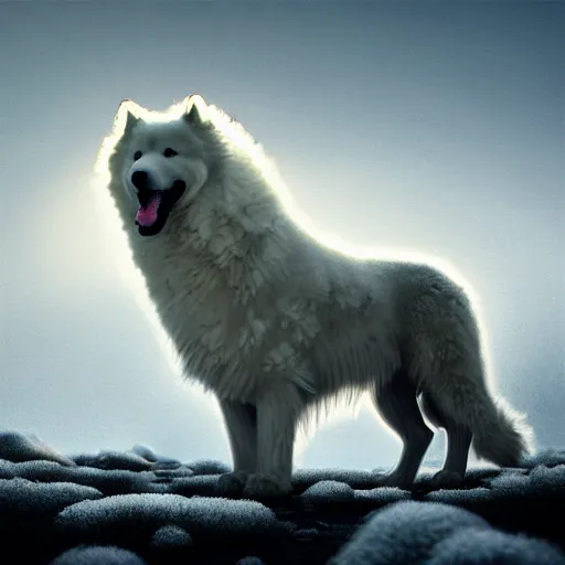 Image similar to giant sleeping ( ( ( ( samoyed ) ) ) ) creature creature in a tundra landscape, dramatic lighting, moody : : by michal karcz, daniel merriam, victo ngai and guillermo del toro : : ornate, dynamic, particulate, intricate, elegant, highly detailed, centered, artstation, smooth, sharp focus, octane render, 3 d