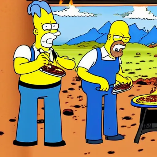 Prompt: walter White and Homer Simpson cooking pizza in the desert with a blowtorch