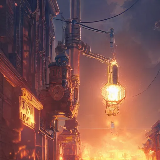 Prompt: a steampunk town, robot, fire, ash, electricity lightning, furry, soft, concept art, sharp focus, intricate details, highly detailed, photorealistic, disney pixar, octane render, iridescent, anime, 8 k
