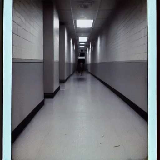 Prompt: polaroid of a terrifying thing in a school hallway at night