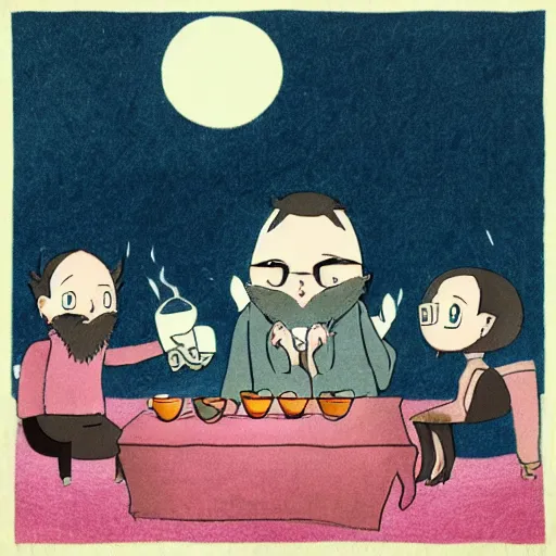 Prompt: tiny imaginary creatures having tea party in a humans beard. in a style of hayao miyazaki.