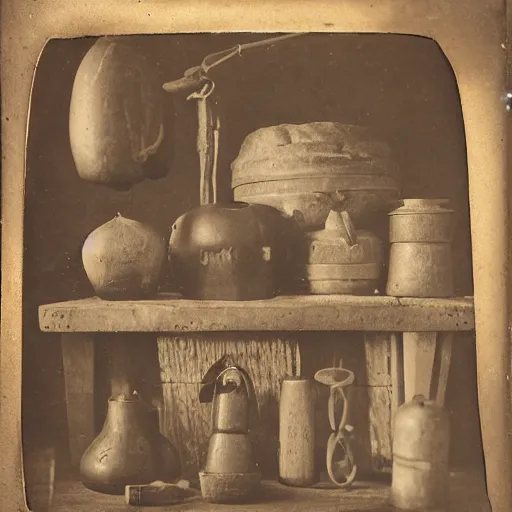 Prompt: Tintype photograph of primitive objects and a ready-made displayed in an ethnographic museum, archive material, anthropology, 1920s studio lighting.