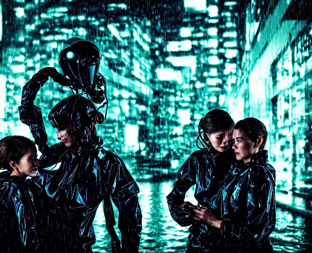 Image similar to cinestill 5 0 d candid photographic portrait by steven spielberg of two loving female androids sobbing wearing rugged black mesh techwear in treacherous waters, flooded city, medium closeup, retrofuturism cyberpunk moody emotional cinematic, pouring iridescent rain bright spotlight helicopter, 8 k, hd, high resolution, 3 5 mm, f / 3 2, ultra realistic faces, ex machina