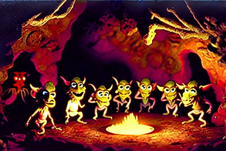 Prompt: jim henson demon imp cave gathering, many in fear
