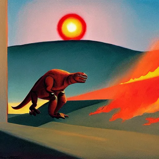 Image similar to painting of the extinction of the dinosaurs with asteroid and fire, in the style of edward hopper