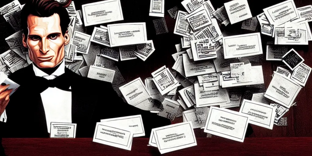 Image similar to patrick bateman, detailed fantasy art, sitting with stacks of business cards, american psycho