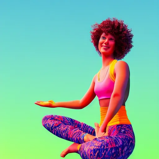 Prompt: a beautiful woman sitting on top of a neon tree doing yoga and smiling. her hair flows as water. bright colorful mood. digital art with fractals, octane render