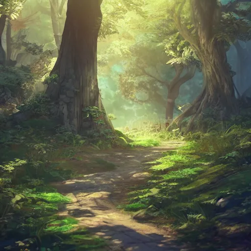 Image similar to forest path, beautiful ancient trees, hiding large treasure chest, serene evening atmosphere, soft lens, soft light, cel - shading, animation, in the style of cgsociety, deviantart, artstation, zbrush, cinema 4 d, studio ghibli, akihiko yoshida, atelier lulua, masamune shirow