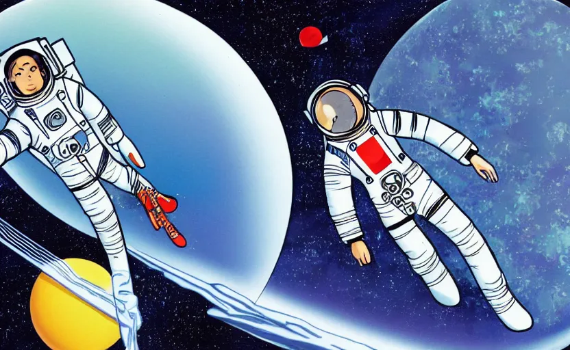 Prompt: a female astronaut floating in a scenic space environment repairing the spacecraft in the style of yoko tsuno