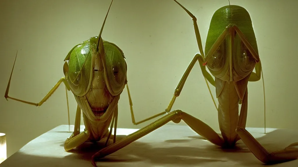 Image similar to the giant praying mantis head in the living room made of wax and water, film still from the movie directed by Wes Anderson with art direction by Salvador Dalí, wide lens