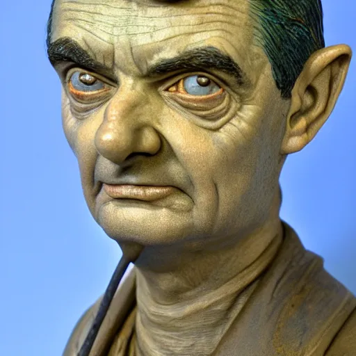 Image similar to hyper realistic closeup bust of a new england fisherman, mr. bean, painted, colorized, bossons vintage chalkware, by emile renouf