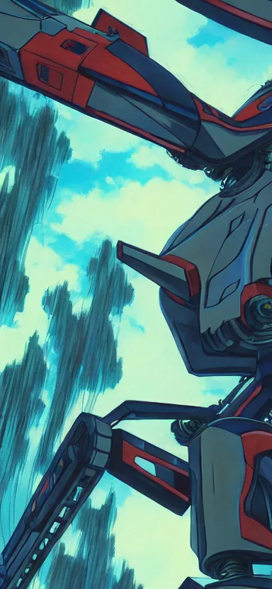 Image similar to close up pilot, looking up at giant mech, forest, key art, sharp lines, towering above a small person, aesthetic, anime, trigger, shigeto koyama, hiroyuki imaishi