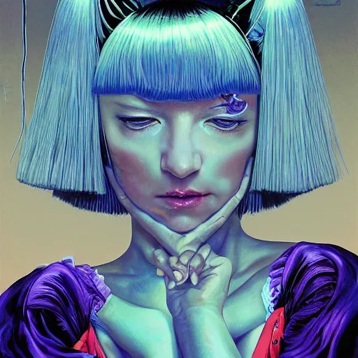 Image similar to portrait of crazy beautiful singer sia kate isobelle furler, ymmetrical, by yoichi hatakenaka, masamune shirow, josan gonzales and dan mumford, ayami kojima, takato yamamoto, barclay shaw, karol bak, yukito kishiro