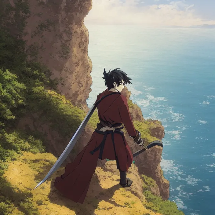 Image similar to an ( ( ( ( anime ) ) ) ) still of a ronin samurai standing on the edge of a cliff overlooking the ocean, confident looking, finely detailed features, perfect art, at an ancient castle, trending on pixiv fanbox, painted by greg rutkowski makoto shinkai takashi takeuchi studio ghibli, akihiko yoshida