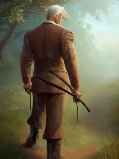 Prompt: a handsome man, holding a adorned cane. walking in a rural area. intricate, elegant, highly detailed, digital painting, artstation, concept art, sharp focus, illustration, by justin gerard and artgerm, 8 k