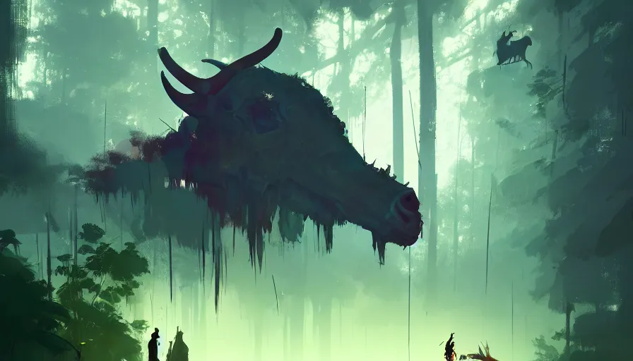 Image similar to ismail inceoglu and jama jurabaev's concept art, cel shadow, film shooting, trends on artstation, high quality, brush strokes, bright colors, giant demon goat skull in mysterious rainforest