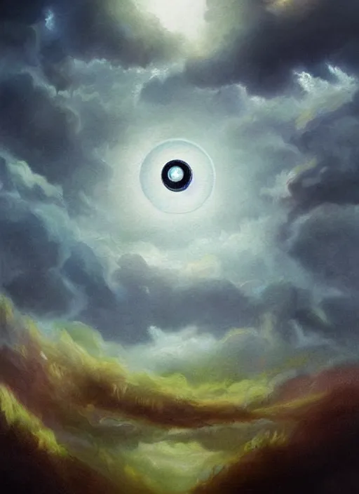 Image similar to a beautiful painting of a single eye in a cloudy sky, fantasy art, matte painting, beautiful colors