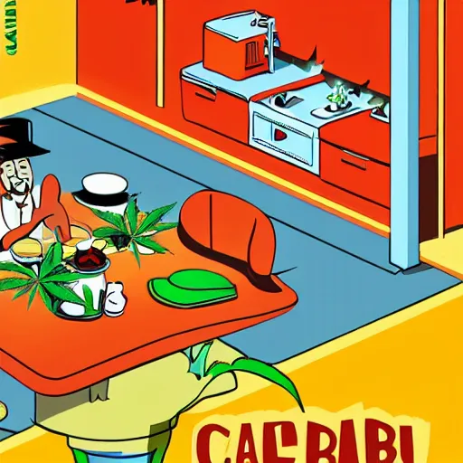 Image similar to cannabis cafe interior poster illustration isometric australian by darwyn cooke and dr. seuss, cute and funny cooking with cannabis, close up