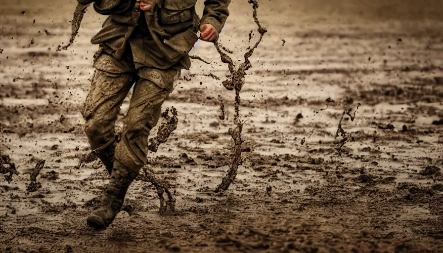 Prompt: screaming World War 1 soldier running away, wartorn landscape, lots of mud puddles and craters, bullets whizzing past camera, dirty lens, cinematic lighting, IMAX close-up of face, cinematography, 35mm