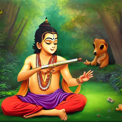 Prompt: Young Krishna playing flute in forest and all animals listen his melodious music , Zoom out ,anime style, artstation, devainart ,illustration, scenery,