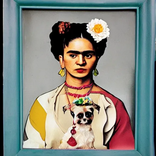 Image similar to a cream colored havanese dog dressed as frida kahlo, portrait by frida kahlo