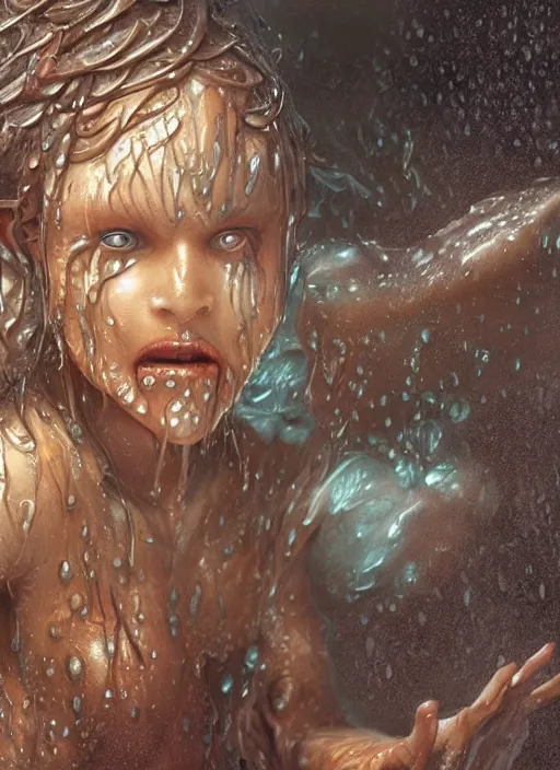 Image similar to digital painting of a wet smily monster in the rain, with translucent skin, veiny, long freaky finger, by filipe pagliuso and justin gerard, fantasy, highly detailed, realistic, intricate, glowing eyes