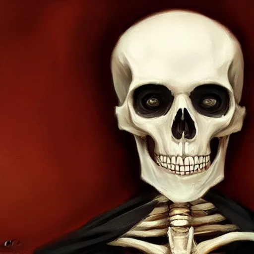 Prompt: Portrait of a Skeleton Wearing Cloak, by Mandy Jurgens