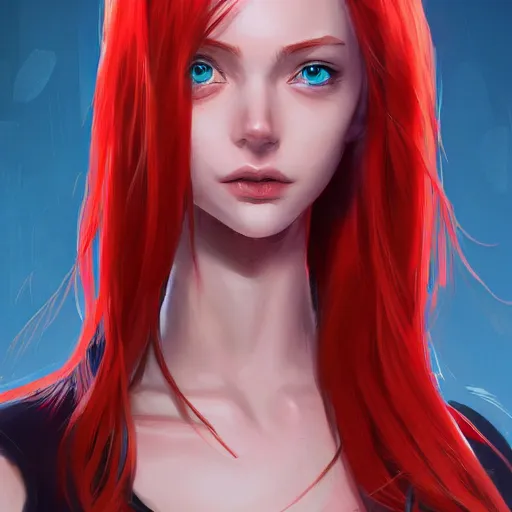 Prompt: a girl wearing casual clothes, red hair, blue eyes, highly detailed, digital painting, artstation, concept art, smooth, sharp focus, illustration