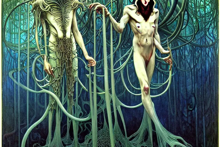 Image similar to realistic extremely detailed portrait painting of an elegantly creepy vampire man dressed as dracula, futuristic sci-fi forest on background by Jean Delville, Amano, Yves Tanguy, Alphonse Mucha, Ernst Haeckel, Edward Robert Hughes, Roger Dean, rich moody colours, blue eyes