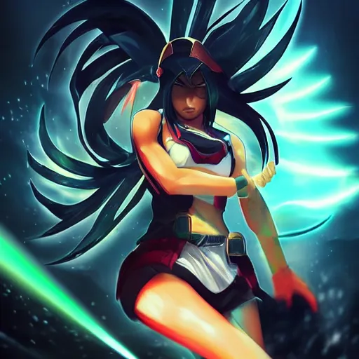 Image similar to Akali from league of legends anime, digital art, beautiful composition, amazing colours, atmospheric, lens flares, sun rays, award winning