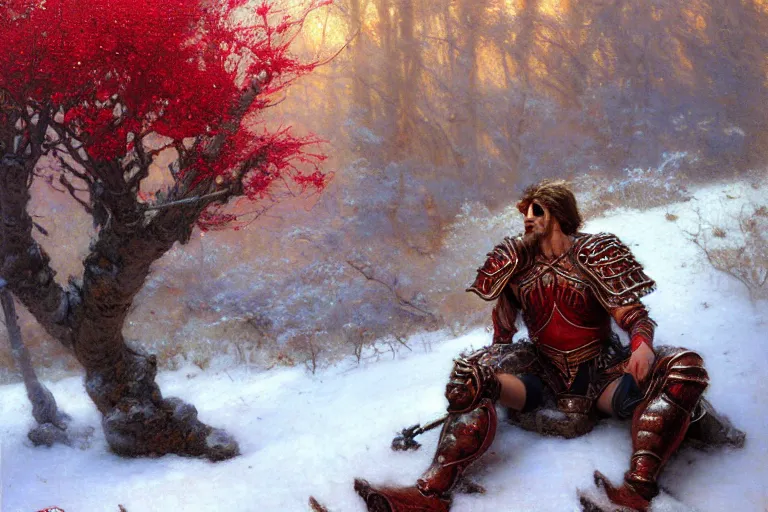 Image similar to winter, a male warrior wearing armor relaxing under a world tree with red flowers, ground covered with snow, extreme long shot, fantasy, painting by gaston bussiere, craig mullins, j. c. leyendecker, trending on artstation