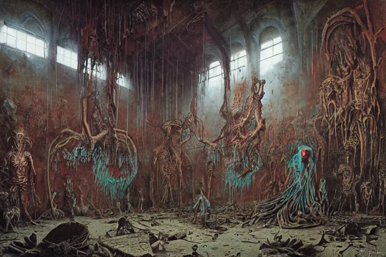 Image similar to an eerie painting of a cacophony of demons sacrificing humans in a grungy derelict georgian manor interior with colourful graffiti on the walls and garbage scattered on the floor, reclaimed by nature by zdzisław beksinski, wayne barlowe, hr giger, luis royo, agostino arrivabene