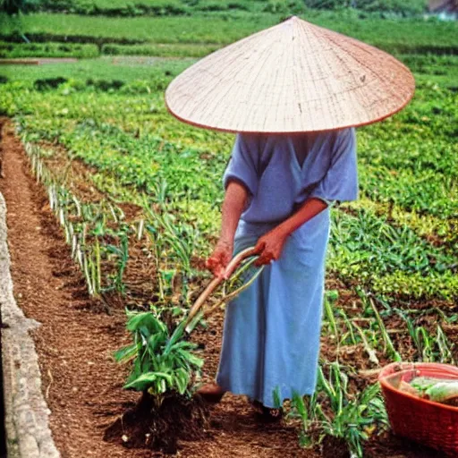 Prompt: an 8 0 s photo of an old vietnamese woman tending to her vegetable patch by the sea, photography