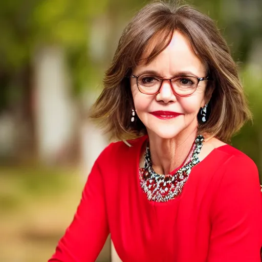 Image similar to dslr portrait still of sally field wearing a beautiful red dress, 8 k 8 5 mm f 1. 4