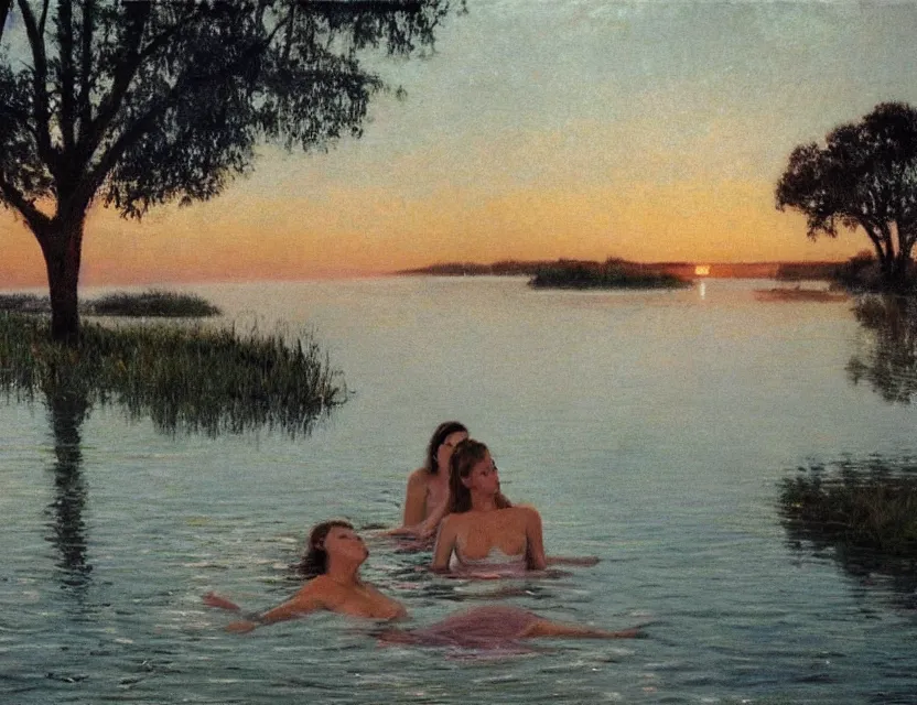 Prompt: Two woman swimming in the lake on a sunset, country style, Cottage core, Cinematic focus, Polaroid photo, vintage, neutral colors, soft lights, foggy, by Steve Hanks, by Serov Valentin, by Andrei Tarkovsky, by Terrence Malick, 8k render, detailed, oil on canvas, wide shot