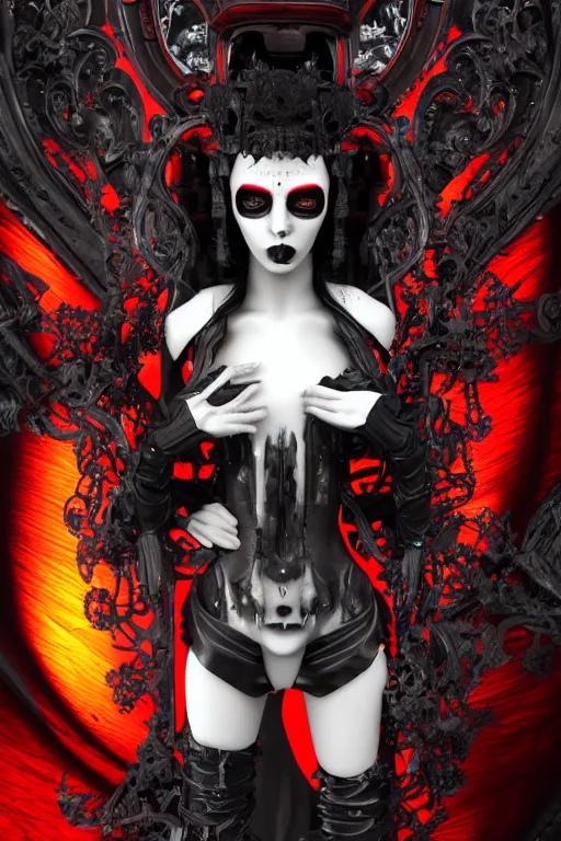 Image similar to full-body cyberpunk style sculpture of a young beautiful dark priestess, half android with a head opening exposing circuitry, glowing red eyes, black roses, flowing blood-red colored silk, fabric, candles. baroque elements, human skull. full-length view. baroque element. intricate artwork by caravaggio. crows flying in background. Trending on artstation, octane render, cinematic lighting from the right, hyper realism, octane render, 8k, depth of field, 3D