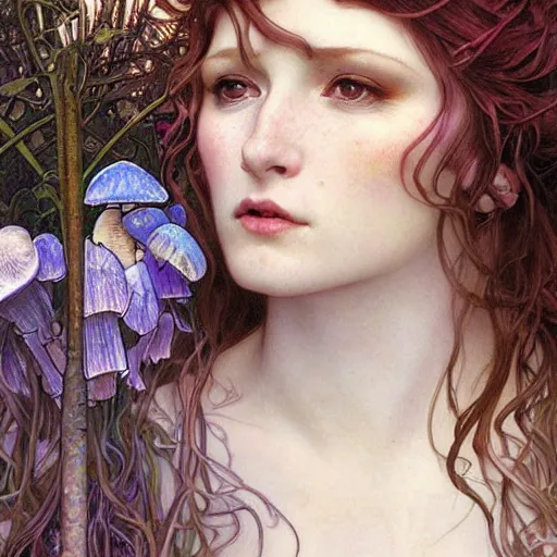 Prompt: realistic detailed face portrait of a beautiful young swamp witch with rainbow turkey tail mushrooms growing in her hair like a halo by Alphonse Mucha, Ayami Kojima, Amano, Charlie Bowater, Karol Bak, Greg Hildebrandt, Jean Delville, and Mark Brooks, Art Nouveau, Neo-Gothic, gothic, rich deep moody colors