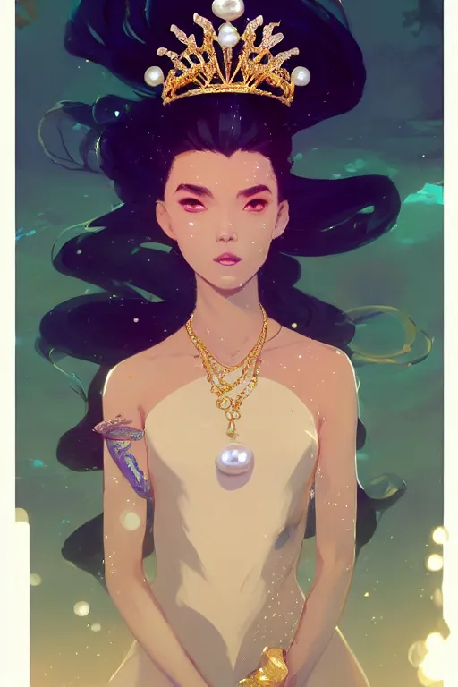 Image similar to portrait of a beautiful queen of the ocean with pearl and gold and crystal jewelry in complex and shiny dress made by jellyfish, by ross tran and atey ghailan, by greg rutkowski, by greg tocchini, by james gilleard, by joe fenton, by kaethe butcher, dynamic lighting, grunge aesthetic