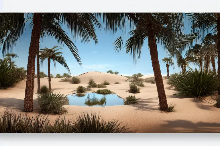 Prompt: perfume bottle buried in oasis in the middle of a desert, dramatic, small pond middle frame, palm trees, bushes, mid day, sand dune background, large scale, hyperrealistic, lots of detail, realistic lighting, octane render, by wlop, artgerm, trending on artstation