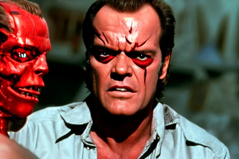 Image similar to Jack Nicholson plays Terminator, his eye glow red, still from the film