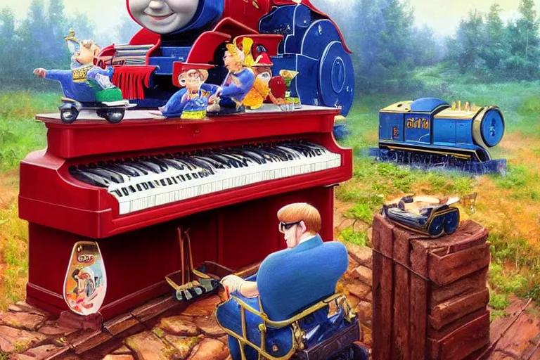 Image similar to elton john playing a piano on top of thomas the tank engine, an oil painting by ross tran and thomas kincade