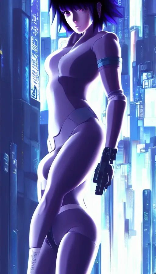 Image similar to a still fullbody portrait of motoko kusanagi ghost in the shell, finely detailed features, closeup at the faces, perfect art, at a cyberpunk city, gapmoe yandere grimdark, trending on pixiv fanbox, by ilya kuvshinov, rossdraws, artgerm