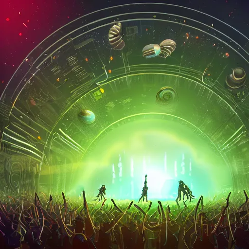 Prompt: a big concert in an alien planet, weird creatures, alien scenery, lots of people, big lights, volumetric, concert lights wide angle lens, digital art