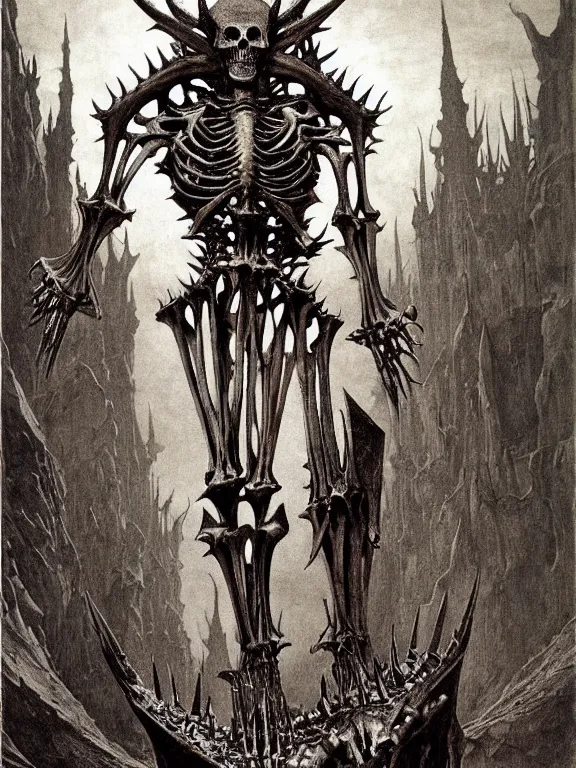 Prompt: A spiked horned semiork-semihuman skeleton with armored joints stands in a large cavernous throne room with sword in hand. Massive shoulderplates and boots. Extremely high detail, realistic, fantasy art, solo, masterpiece, bones, ripped flesh, saturated colors, art by Zdzisław Beksiński, Arthur Rackham, Dariusz Zawadzki