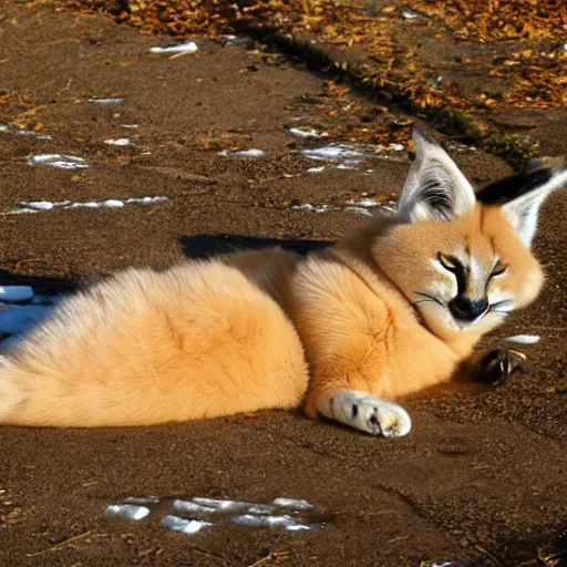 Image similar to photo still of drunk sleepy fat caracal, lying on ice, big stomach, sunny winter day