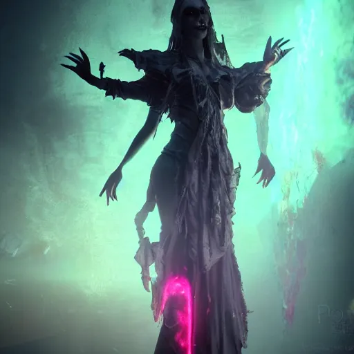 Prompt: A necromancer pulsing with necrotic energy, Art by Emmanuel Shiu, power auras, sigils, tattered cloth robes, substance 3d painter, PBR textures, Physical based rendering, cinematic, hyper realism, high detail, octane render, unreal engine, 8k, Vibrant colors, Smooth gradients, High contrast, depth of field, aperture f2.8